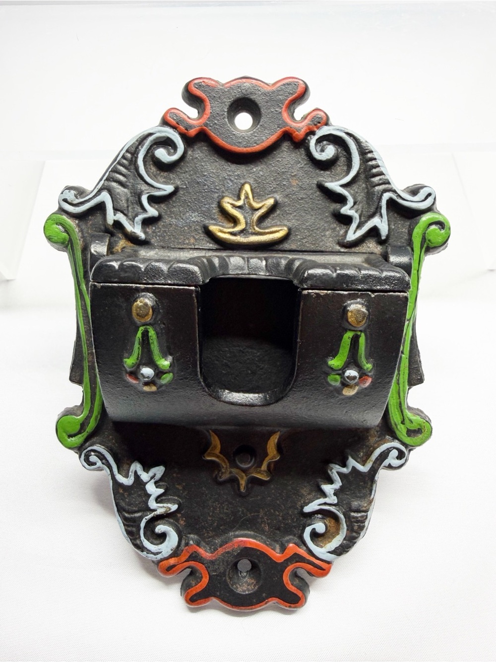 Vintage Wilton Hand Painted Cast Iron Matchstick Safe Holder Wall Mounted